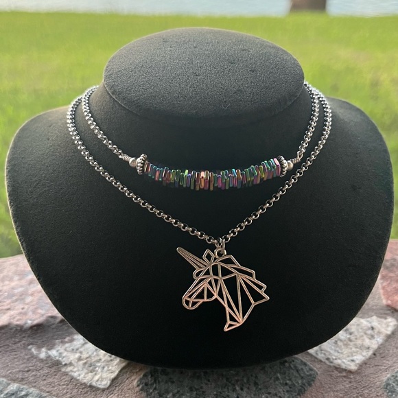 Double layer unicorn rainbow stones stainless steel adjustable choker necklace - Picture 8 of 13